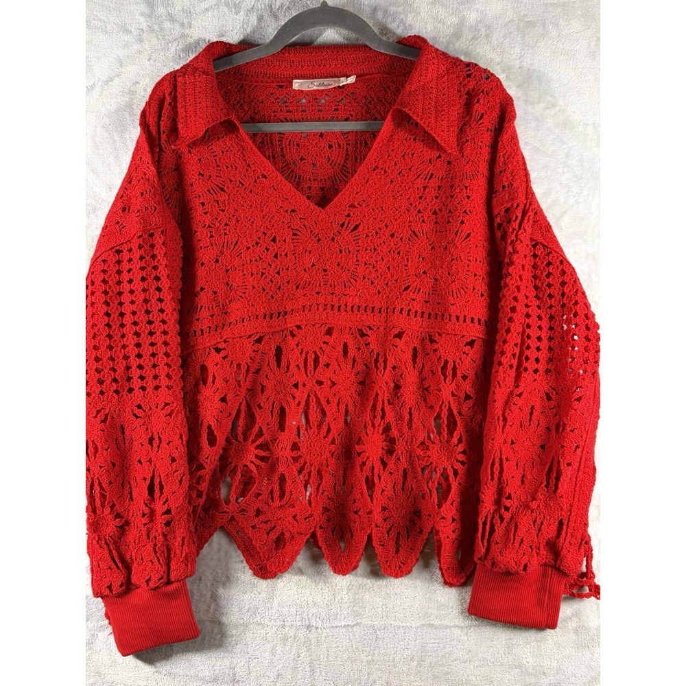 Red Crochet‎ Knit Pullover V-Neck Collar Floral Festival Scallop Hem Sz 1X Boho